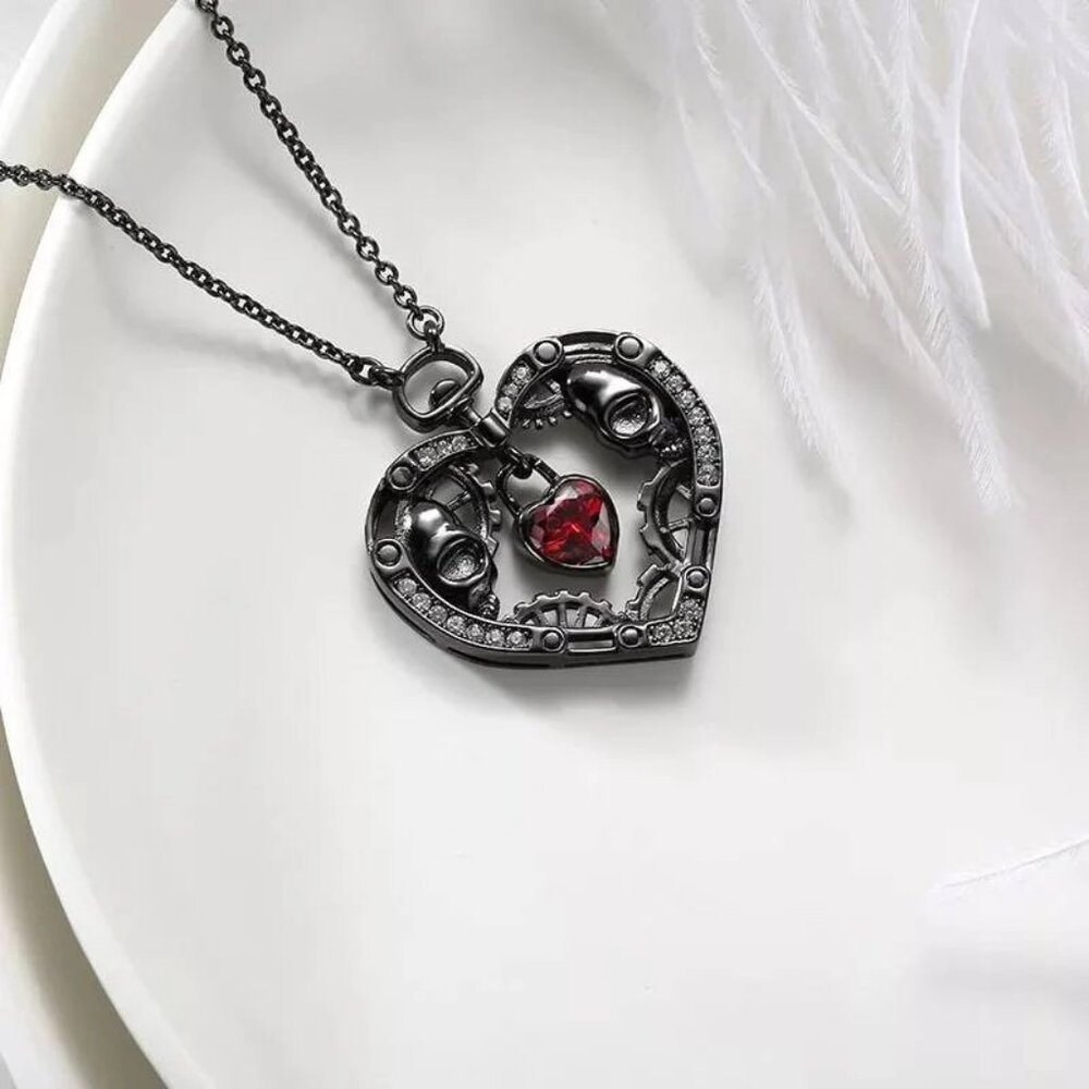 Skull Bearer Heart Pendant Skulls & Gears | Gunmetal Black Necklace | Steampunk